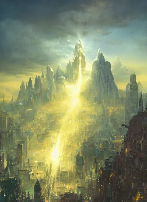 Prompt: kingkong destroying the city of atlantic, a ray of sunlight, greg rutkowski, moebius, mohrbacher, frazetta, roy krenkel, boris vallejo, and manuel sanjulianblue, gold color scheme, ultra - wide angle, ultra - detailed, light effect, mystical, cinematic