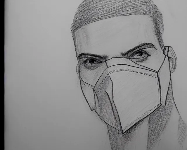 Image similar to draft drawing of a european young man covering face with fabric mask, draft sketch, trending on artstation, context art, pencil sketch, high detail