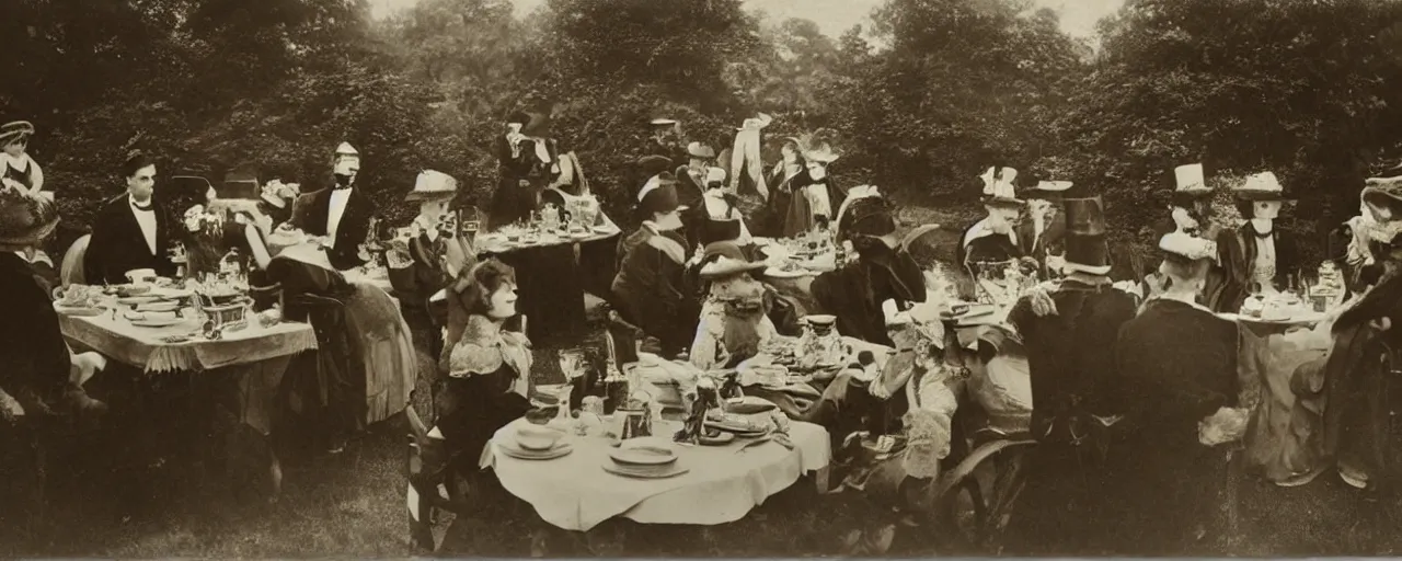 Prompt: A Victorian sepia photo of a tea party attended by Daleks.