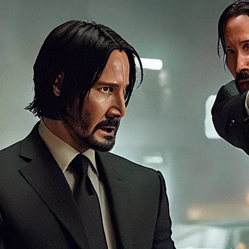 Prompt: A still image of John Wick pointing a gun at a spooky grey alien in an action scene from the upcoming movie 'John Wick 5: Wick Into the Unknown'(2022)