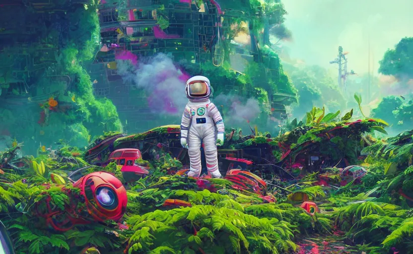 Image similar to a beautiful 8 bit painting of a cute adorable kawaii futuristic vr plastic android astronaut sitting on a lush planet of foliage, the destroyed wreckage of a crashed spaceship, steam, thick colorful smoke, ross tran, ron walotsky, greg rutkowski, trending on artstation