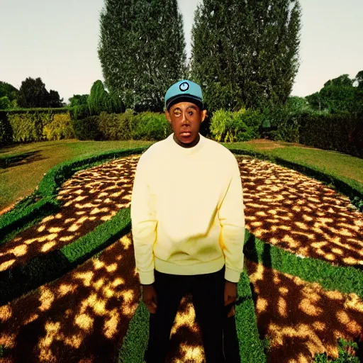 Image similar to a photo of tyler the creator standing in the middle of a garden, dramatic, ektachrome, vintage, wide angle, ultra - wide angle, warm color palette, light mode, 2. 5 - dimensional, 1 6 k, ultra - hd, megapixel, cga, rays of shimmering light, mist, screen space reflections