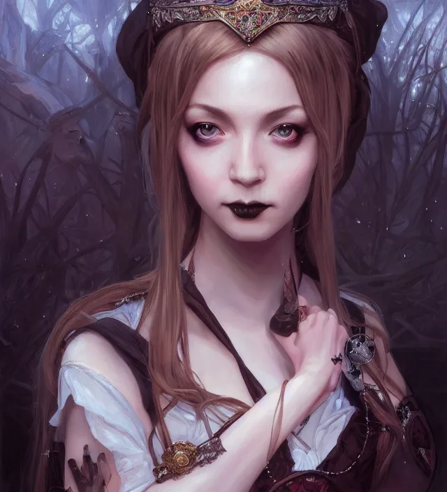 Image similar to portrait of of young beautiful female princess, d & d, centered face, gothic dress, elegant, flat lighting, intricate, highly detailed, digital painting, artstation, concept art, smooth, sharp focus, illustration, closeup, misa amane, art by simon bisley and greg rutkowski and alphonse mucha, natural tpose