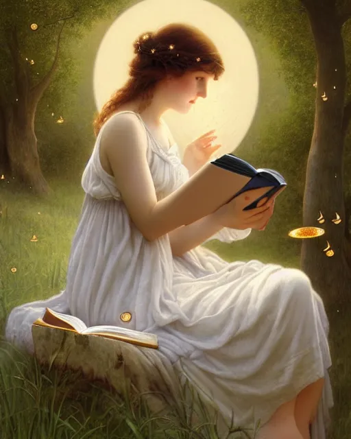 Image similar to a girl in white nightgown reading a book by the river, a full moon on the horizon, dark starry sky, golden orbs and fireflies, illustration, dramatic lighting, art nouveau, highly detailed face, 8 k, hd, by edmund blair leighton, brom, charlie bowater, trending on artstation, faces by tom bagshaw, sargent