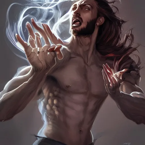 Prompt: a full body character concept art of a powerful male witch unleashing magic powers, magic powers, psychic powers, symmetrical facial features, intricate, elegant, digital painting, concept art, hyper realistic, illustration, smooth, sharp focus, finely detailed, in the style of artgerm and greg rutkowski and william adolfe bouguerea,