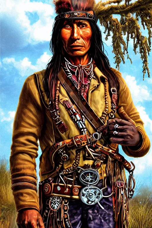 Image similar to deadlands character portrait of a thin native american indian man in his early 3 0 s, wearing traditional cargo buckskin jacket buckskin tactical toolbelt pockets bandolier full of trinket and baubles, steampunk arcane shaman, weird west, by steve henderson, sandra chevrier, alex horley