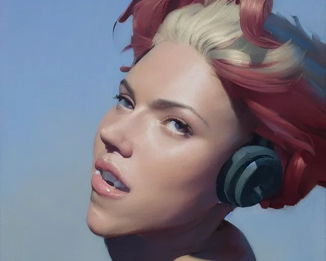 Image similar to greg manchess portrait painting of smug scarlett johansson as beautiful thick female bodybuilder zarya from overwatch, medium shot, asymmetrical, profile picture, organic painting, sunny day, matte painting, bold shapes, hard edges, street art, trending on artstation, by huang guangjian and gil elvgren and sachin teng