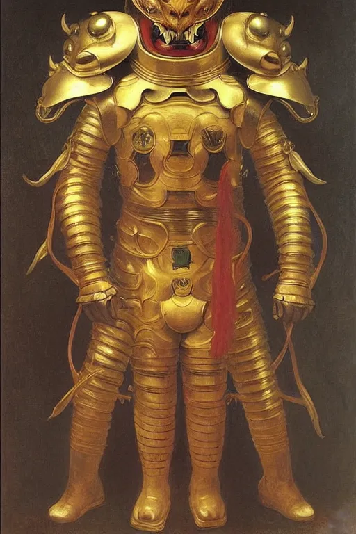 Prompt: portrait of a evil lion astronaut with chinese dragon armor and helmet, majestic, solemn, by bouguereau