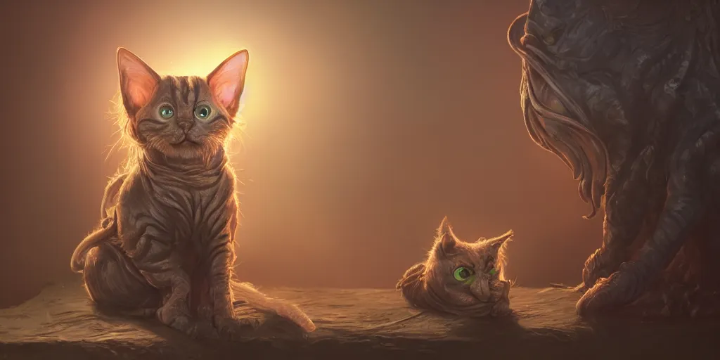 Image similar to cat - baby cthulhu, golden hour, fantasy, sharp focus, digital art, hyper realistic, 4 k, unreal engine, highly detailed, hd, dramatic lighting by brom, trending on artstation, new cats movie