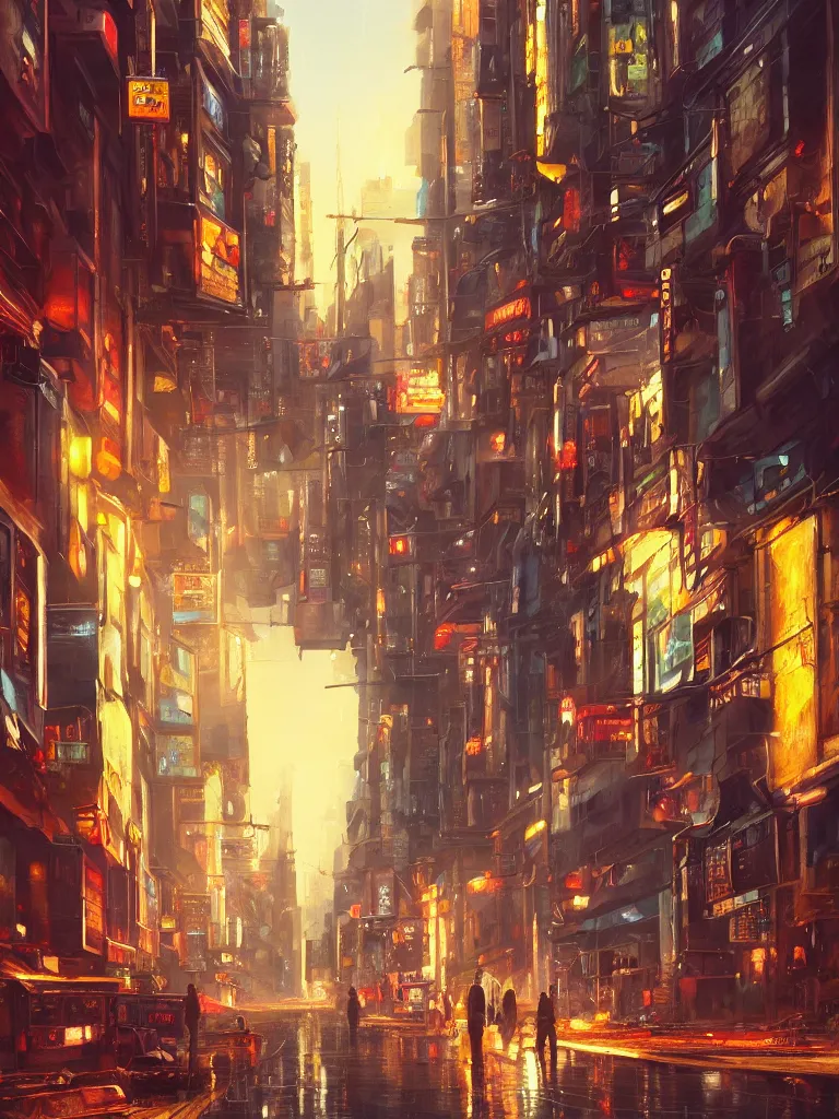 Image similar to an epic painting of the city street, oil on canvas, cold colors, perfect composition, golden ratio, beautiful detailed, photorealistic, digital painting, artstation, concept art, smooth, sharp focus, illustration, cyberpunk background, artstation trending, octane render, unreal engine