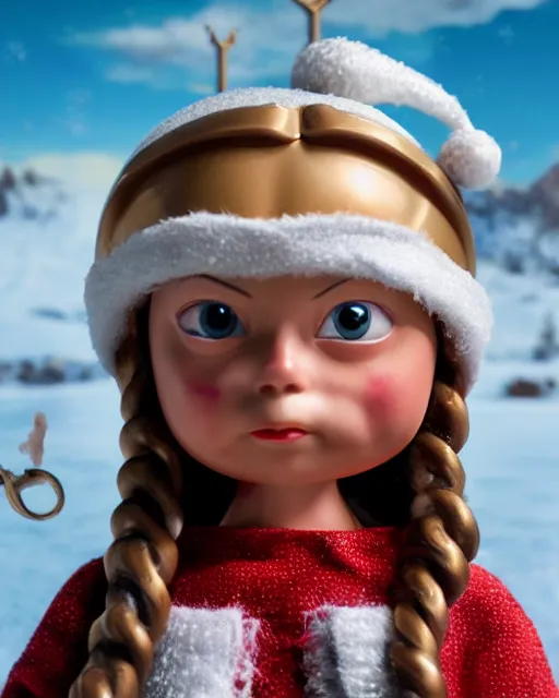 Image similar to highly detailed closeup, portrait of a tin toy santa greta thunberg as hermione granger, bikini, depth of field, fashion photoshoot by nicoletta ceccoli, mark ryden, lostfish, dan decarlo, bob clampett, max fleischer, breathtaking, detailed and intricate snowenvironment, 8 k resolution, hyperrealistic, octane render