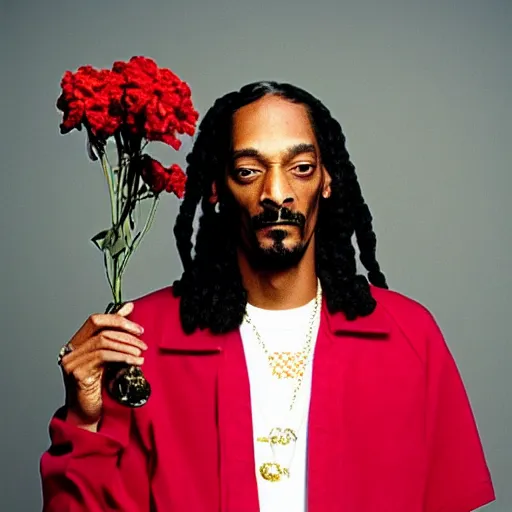 Prompt: Snoop Dogg looking away from camera while holding a Vase of flowers for a 1990s sitcom tv show, Studio Photograph, portrait, C 12.0