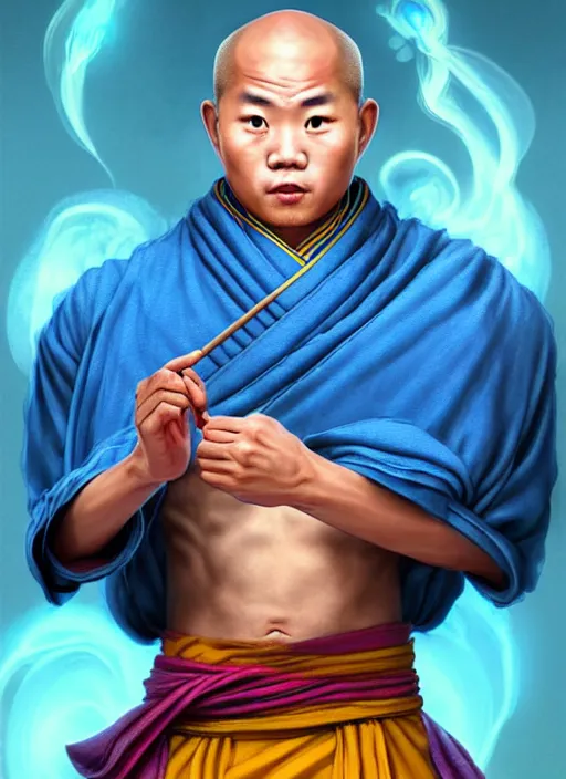 Image similar to male shaolin monk with a pigtail!!!! asian facial features and blue eyes!! intricate ornate blue robes!! character concept art, sharp focus, octane render! unreal engine 5! highly rendered!! trending on artstation!! detailed linework!! illustration by artgerm, wlop, and chie yoshii