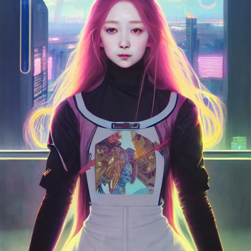 Prompt: portrait painting of cyberpunk chuu loona kpop smiling cheerfully with a black katana, ultra realistic, concept art, intricate details, eerie, highly detailed, photorealistic, octane render, 8 k, unreal engine. art by artgerm and greg rutkowski and magali villeneuve and alphonse mucha