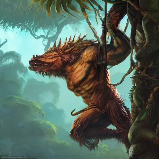 Prompt: jungle beast climbing on trees, art by ricardo ow, award winning concept art, magic the gathering artwork, trending artwork, 4 k, 8 k