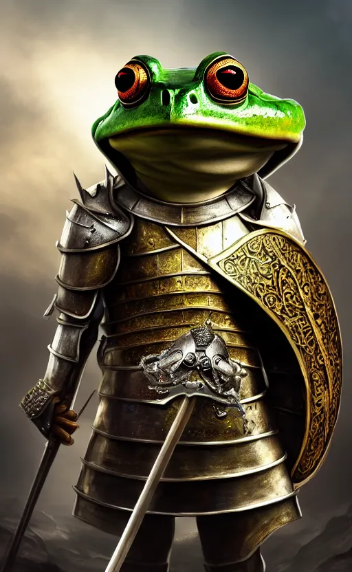 Image similar to a frog, dressed as a knight, holding a large shield, battle armor, atmospheric lighting painted intricate volumetric lighting, beautiful, sharp focus, ultra detailed, sharp, mindblowing, 4 k uhd, 8 k