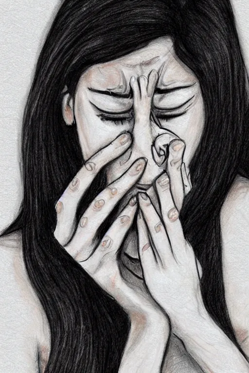 Image similar to woman cryin because toxic relationship, realistic, sketch, colouring and art by jacqueline e