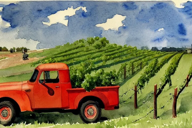 Image similar to watercolor painting of bbc a vintage red truck in a vineyard by winslow homer