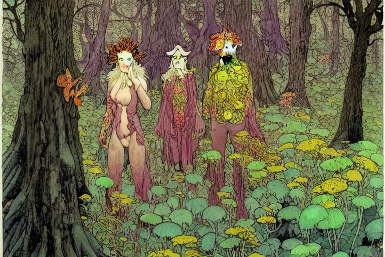 Image similar to a hyperrealist watercolour character concept art portrait of a haunted forest inside central park. neon flowers. weird people. by rebecca guay, michael kaluta, charles vess and jean moebius giraud