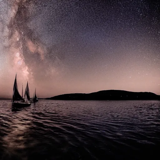 Prompt: sailing into the past, the milky way bright in the sky, regrets deep on the face, gray and blue tones, wide angle, high depth