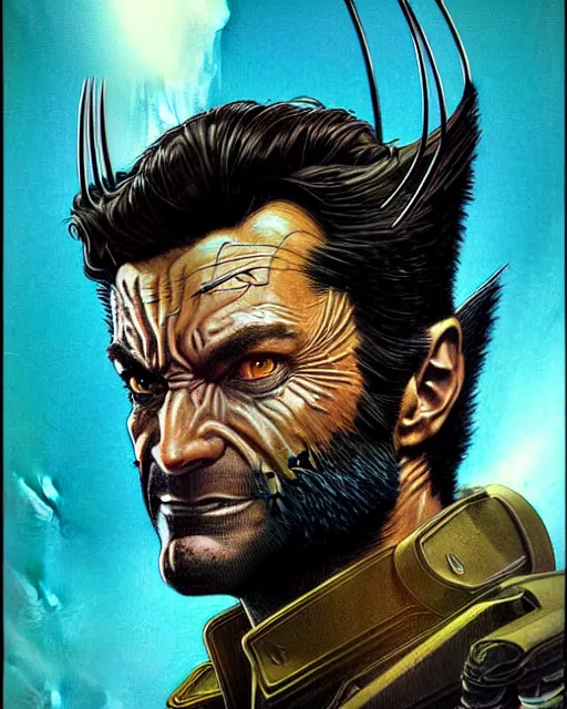 Image similar to wolverine xmen character portrait, portrait, close up, concept art, intricate details, highly detailed, vintage sci - fi poster, retro future, vintage sci - fi art, in the style of chris foss, rodger dean, moebius, michael whelan, and gustave dore