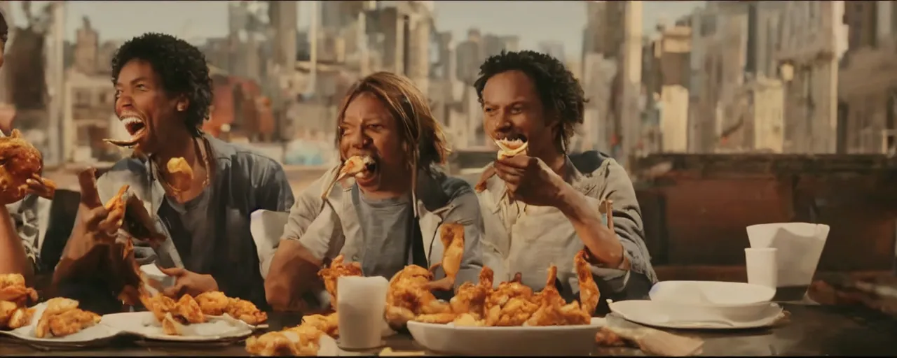 Image similar to a cinematic shot in daylight exterior wide shot of a couple of friends happy and smiling while eating church's chicken in dynamic poses, commercial ad, directed by autumn durald, complementary color scheme clothe, roger deakins lighting, shot in imax 7 0 mm, three point perspective 4 0 mm anamorphic lens