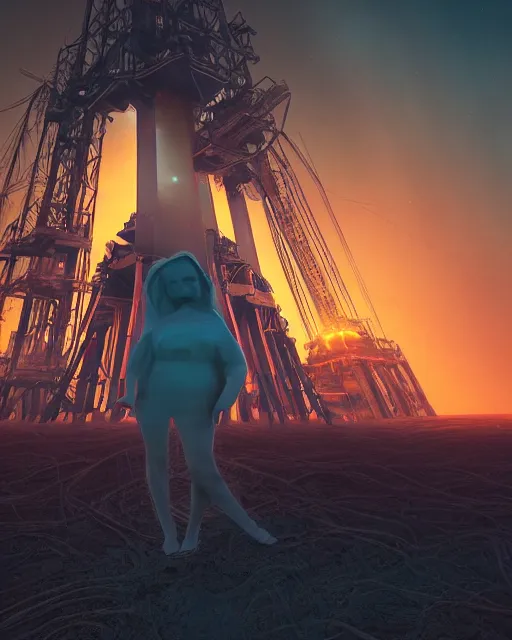 Prompt: a glowing female spirit of mother nature screams out in agony. drilling rigs bore into the earth in the background. wide shot, detailed, sharp, 8 k, award winning digital art by beeple, national geographic, dlsr.