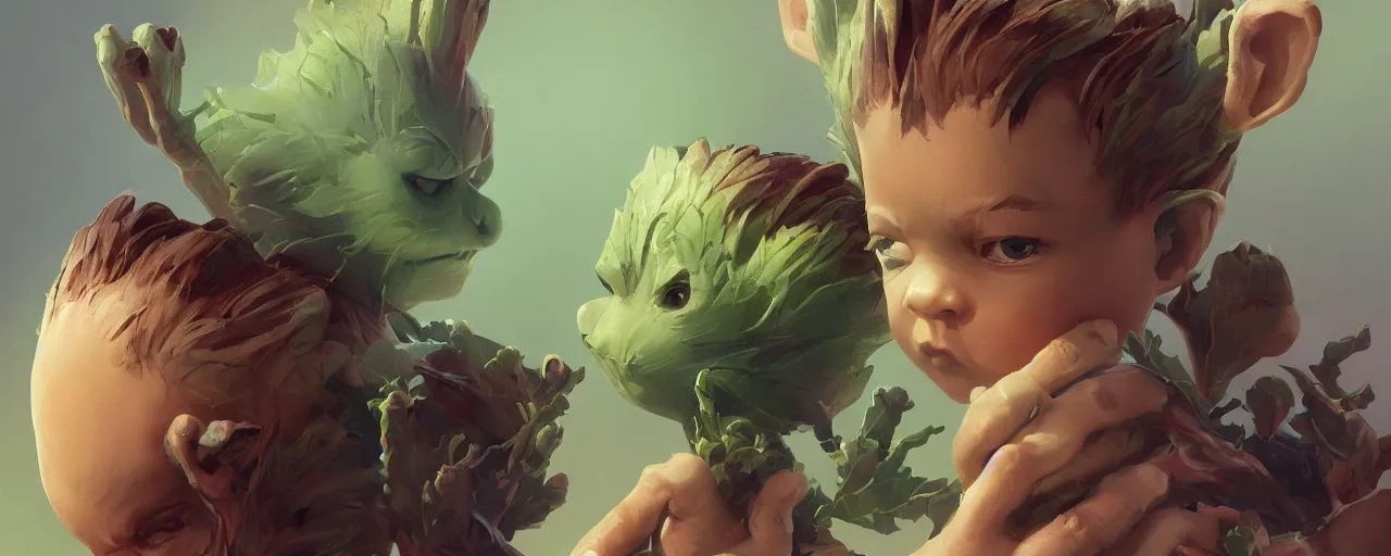 Prompt: portrait cute baby cannabis, marijuana, baby groot, realistic shaded perfect face, cinematic volumentric lighting, jim cheung, david marquez, mike deodato jr, ilya kuvshinov, makoto shinka, behance hd by jesper ejsing, by rhads, hyper detailed, octane render, concept art, artstation