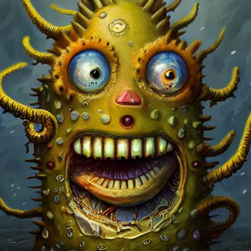 Image similar to portrait of SpongeBob as a large Lovecraftian monster, fantasy, intricate, elegant, highly detailed, digital painting, artstation, concept art, smooth, sharp focus, illustration, art by artgerm and greg rutkowski