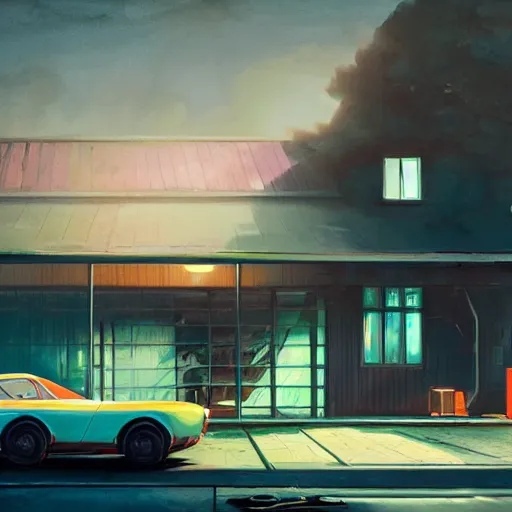 Image similar to concept art of a retro mazda in front of a garage, greg rutkowski, 8 k, highly detailed, neon colors, volumetric lighting