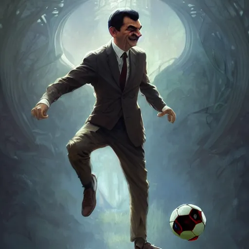 Prompt: Mr Bean playing soccer, D&D, fantasy, intricate, elegant, highly detailed, digital painting, artstation, concept art, matte, sharp focus, illustration, art by Artgerm and Greg Rutkowski and Alphonse Mucha