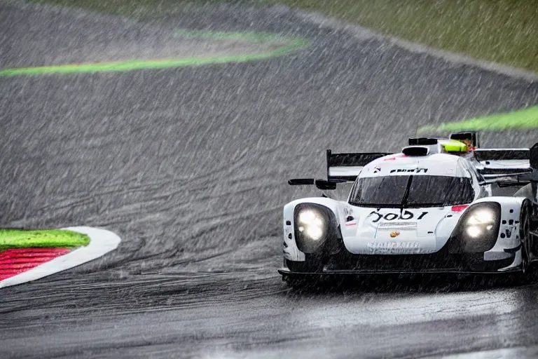 Image similar to detailed photo of the porsche 9 1 9 in heavy rain at circuit de spa - francorchamps, motorsports photography, photo by rainer w. schlegelmilch