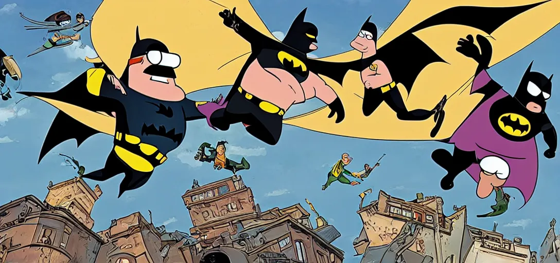 Image similar to peter griffin as batman, flying in sky