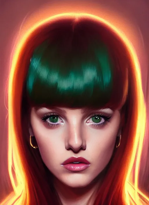 Image similar to full body portrait of teenage cheryl blossom, bangs, green eyes, sultry expression, red hair, sultry smirk, bangs and wavy hair, bangs, intricate, elegant, glowing lights, highly detailed, digital painting, artstation, concept art, smooth, sharp focus, illustration, art by wlop, mars ravelo and greg rutkowski