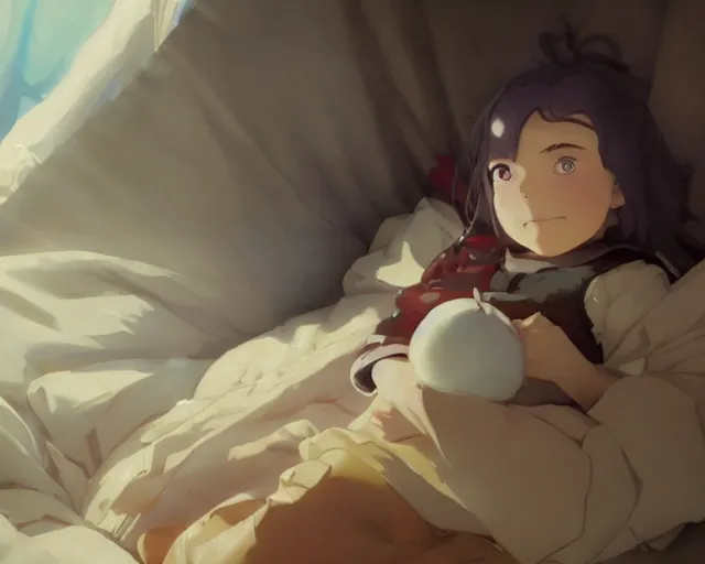 Image similar to a brunnete girl with blue eyes and puffy cheeks lying happy in her bed, close up shot from the top, anime art, Greg Rutkowski, studio ghibli, dramatic lighting