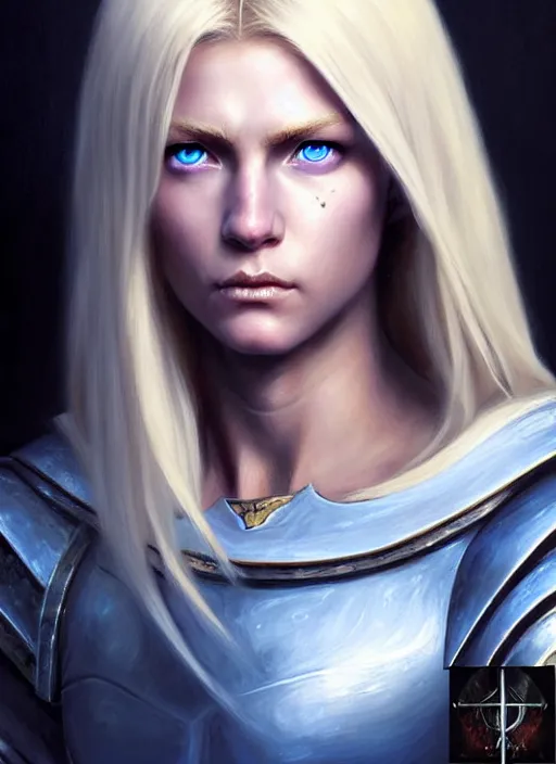 Image similar to a _ fantasy _ style _ portrait _ painting _ of timid white female paladin with blonde hair and blue eyes,, scar under left eye, holy oil _ painting _ unreal _ 5 _ daz. _ rpg _ portrait _ extremely _ detailed _ artgerm _ greg _ rutkowski _ greg