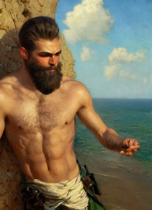 Image similar to detailed cinematic wide shot of muscular attractive young cuban man beard slim face symmetrical face tanskin green eyes white hair wearing sea clothes, ultra realistic, spring light, painting by gaston bussiere, craig mullins, j. c. leyendecker