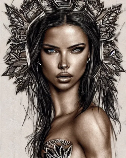 Prompt: realism tattoo sketch of adriana lima as a beautiful greek goddess aphrodite with piercing eyes wearing a laurel wreath and triangle earrings, in the style of greg rutkowski, amazing detail