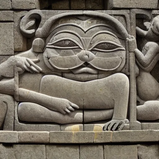 Prompt: bas - relief about pepe the frog on borobudur wall