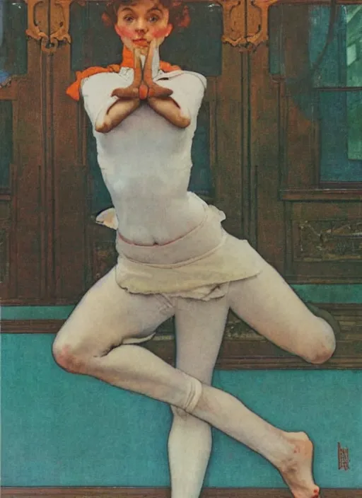 Prompt: an art nouveau girl doing yoga by norman rockwell and edward hopper