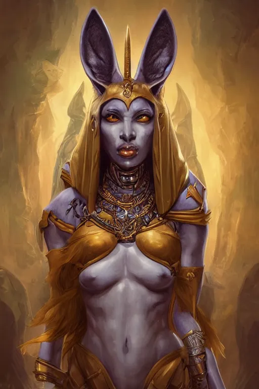 Prompt: a portrait of a anthropomorphic an ancient anubis goddess, D&D, fantasy, intricate, highly detailed, digital painting, artstation, concept art, smooth, sharp focus, illustration, art by artgerm