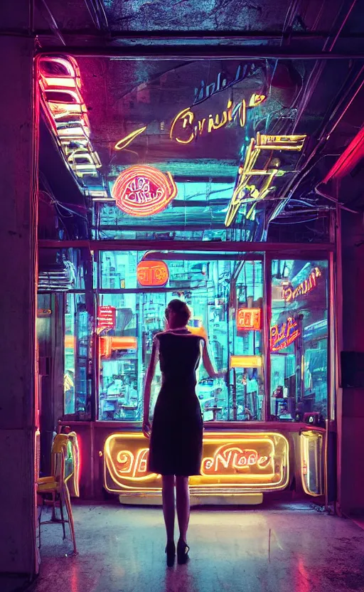 Prompt: vertical movie frame portrait of girl in 5 0's retro restaurant interior, neon - decorated urban on night in the city seen through the window, modern interior design, architectural design, vintage, night blade runner, dark, postapocalyptic, clean lines, 4 k, octane, lunarcore city at distance, big windows, octane, wide angle