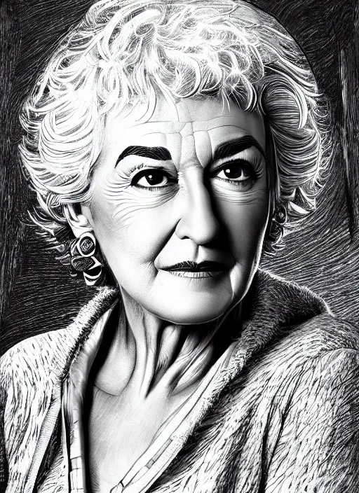 Image similar to highly detailed portrait of bea arthur, pen and ink illustration by simon bisley, global illumination, radiant light, detailed and intricate environment