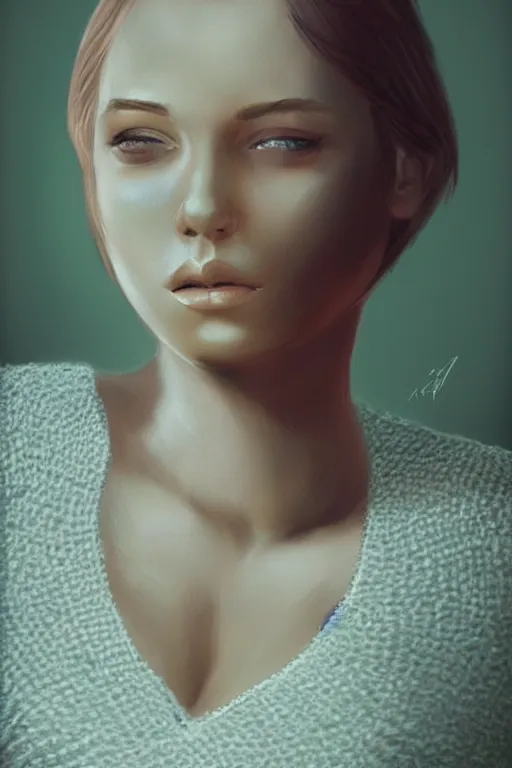 Prompt: Female model with short hair wearing a crocheted croptop, digital painting, small chest, artstation, full body realistic portrait, HD, dramatic lighting, highly detailed,