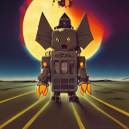 Image similar to a cell shaded cartoon lovecraftian pikachu mechanized demon gundam, on a desert road, wide shot, in front of a big moon, muted colors, post grunge, josan gonzales, wlop, by james jean, victor ngai, hq, deviantart, art by artgem