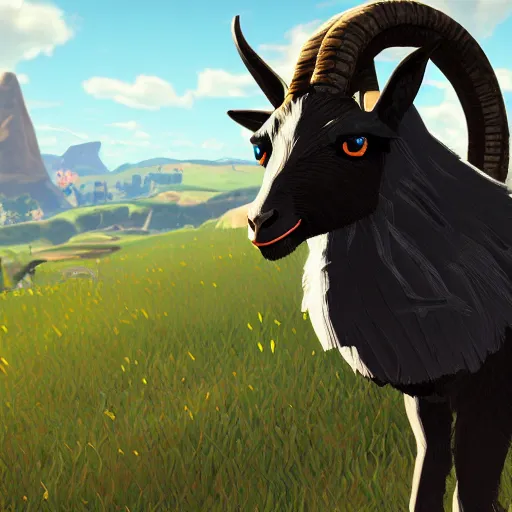 Image similar to a humanoid black goat wizard in breath of the wild, screenshot, sharp, uhd 4 k