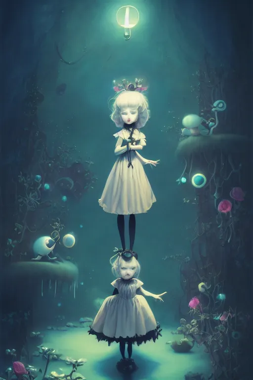 Image similar to a surreal Bioluminescent, very very very cute gothic lolita in a happy world by Daniel Merriam, Trending on Artstation, oil on Canvas by Elena Zhurikhina and Goro Fujita and Charlie Bowater, octane render, 4k, 8k, HD