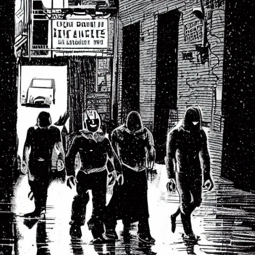 Prompt: masked wrestlers walking in a rainy alley, art by tomm coker and john paul leon, dramatic shadows