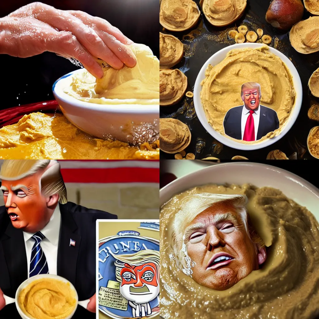 Prompt: Donald trump taking a bath in hummus. Photorealistic, award winning photo.