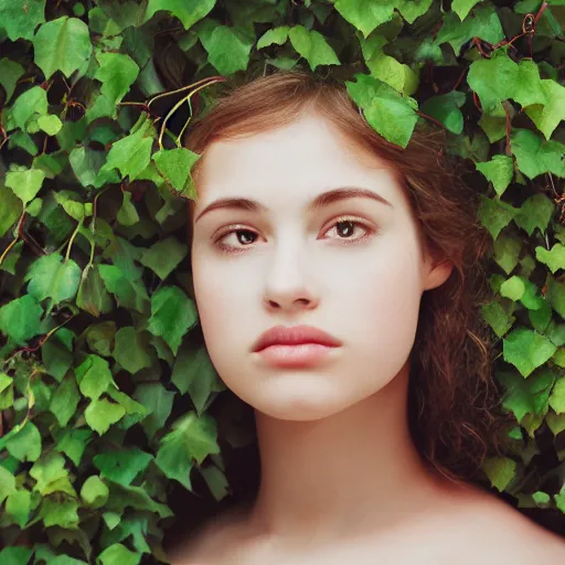 Prompt: “side profile of young woman with her eyes covered by vines”